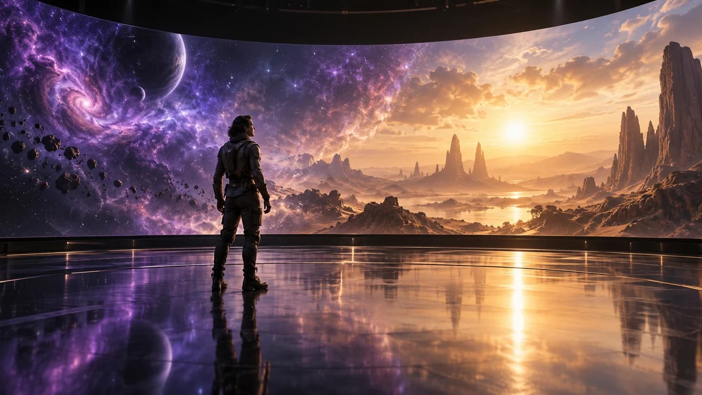 Concept: an explorer on an immersive stage between a cosmic nebula and an alien desert